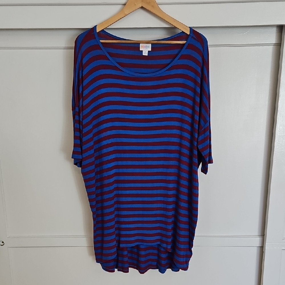 LuLaRoe Irma Blue and Red Striped Tunic Top